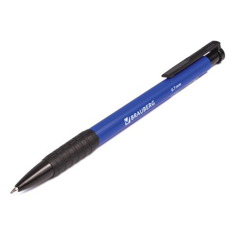 Ручка шариковая автоматическая с грипом BRAUBERG "Explorer", СИНЯЯ, корпус синий, узел 0,7 мм, линия письма 0,35 мм, 140581